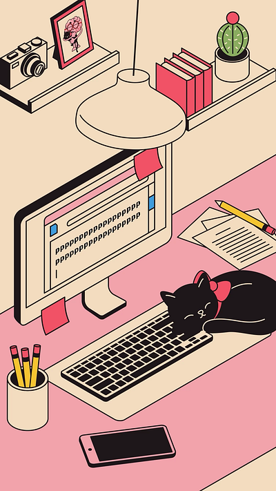 Desk Setup with a Cat adobe animation branding cat cat lover design desk desk setup graphic design illustration illustrator motion graphics