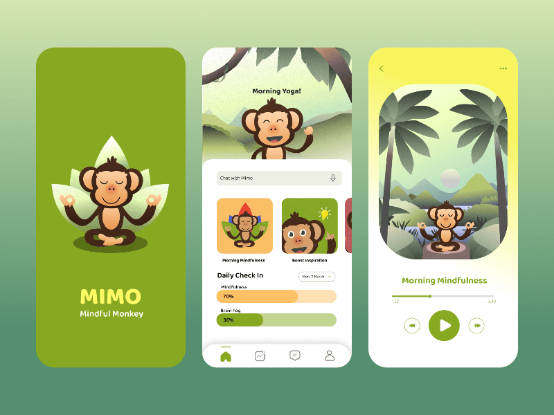 Mimo: Mindful Monkey Meditation App UI/UX animation app calming concept exploration illustration meditation motion graphics self help ui ux