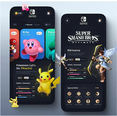 “Nintendo Switch UI Redesign design figma game kiday kidic kirby nintendo pikachu ui uidesign user interface