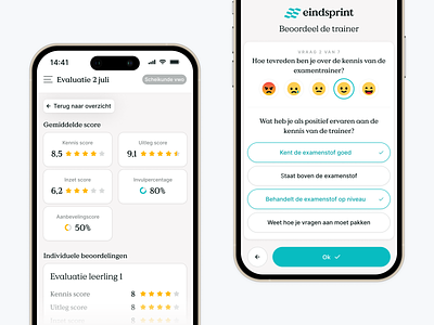 Eindsprint — Training Evaluation dashboard education emoiji evaluation evaluation flow evaluation insights grades insights mobile app mobile app card mobile evaluation flow pie chart rating ratings reporting score score card web app