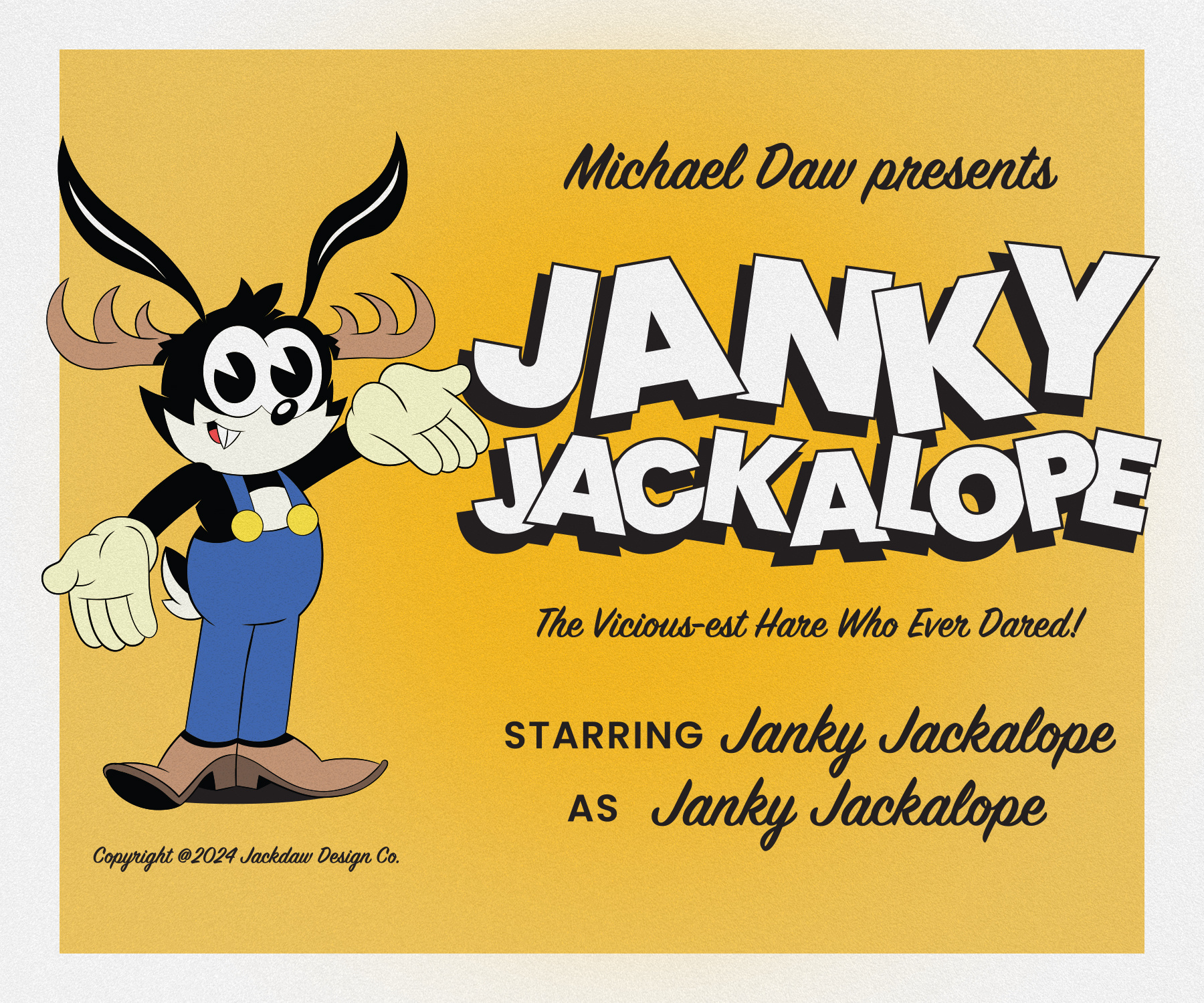 Presenting Janky Jackalope! cartoon character design cryptid design felix the cat illustration ink blot inkblot jackalope janky mascot mickey mouse oswald the lucky rabbit rabbit rubber hose rubber hose animation rubber hose style
