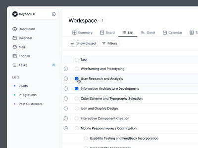 Tasks list UI beyond ui dashboard design system figma free ui kit list product management saas design saas ui saas ui design task list task list ui task managements task ui tasks ui worskspace