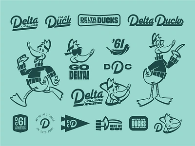 Delta Ducks 04 badge blue branding character college custom d duck flag geometric green illustration lettering lockup logo mascot mid century retro script type