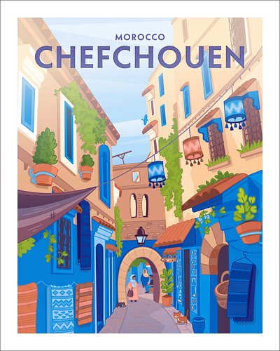 The Blue City africa blue chefchouen city color illustration morocco poster travel vector