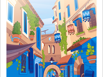 The Blue City africa blue chefchouen city color illustration morocco poster travel vector