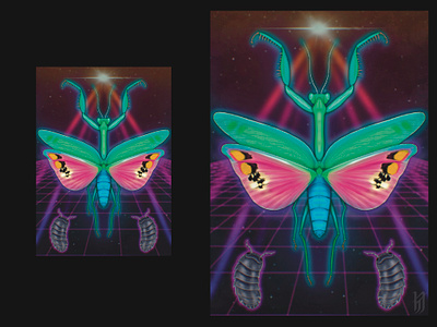 Synthwave invertebrates poster 80s digital illustration digital painting illustration insect isopod poster poster illustration praying mantis synth synthwave vaporwave
