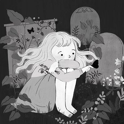 Overgrown Cemetery black and white character design childrens books illustration