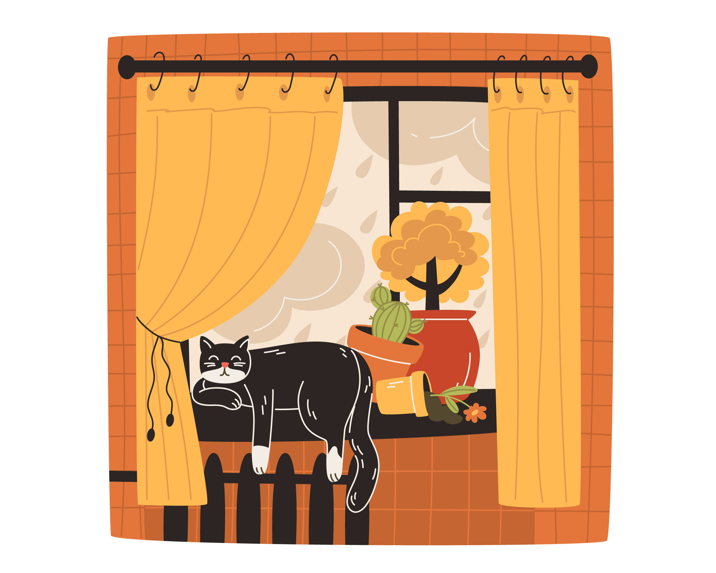 A lazy cat is sleeping on the windowsill autumn cartoon cat character cozy cute home illustration rain vector window