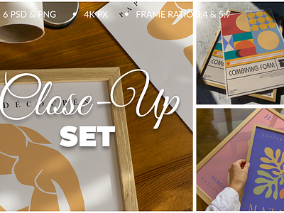 Frame Mockups for Posters Close-Up Scenes 6PSD design frame mockup graphic design illustration interior frame mockup minimalistic mockup mockup for poster mockup wall art natural frame mockup photoshop template poster design poster mockup poster template wall art