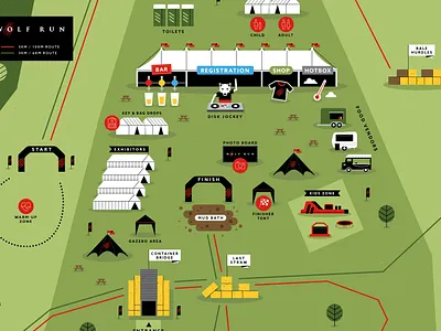 Wolf Run Village Illustrated Map dj event flags fun run illustrated map illustration map marquee mudder route runner sports straw tents village wolf