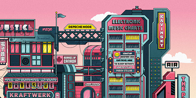 Electronic City buildings city cuberpunk cyber punk daft punk electro electronic music france gallodrome gig gigposter graphisme illsutration lille mr oizo music neon poster univers