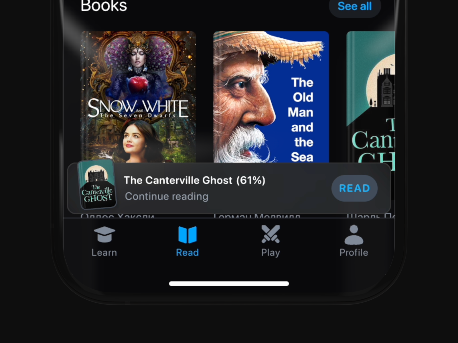 Continue reading feature animation b2c books dark theme design ebook figma interface mobile motion motion graphics product design reader ui ux