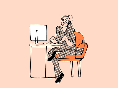 Work from home call chair client desk drawn employment empowerment female finance hand drawn home hybrid office orange organize pajamas task wealth woman work