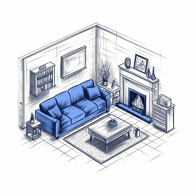 Living room architect couch fireplace interior interior design isometric living room sketch