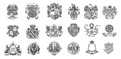 Crests illustrated by Steven Noble artwork branding coat of arms crest design engraving etching illustration line art logo scratchboard seal steven noble woodcut