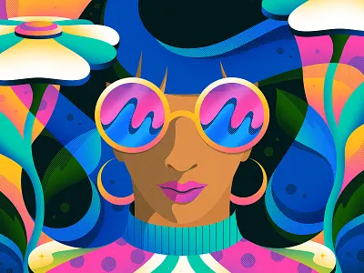 Blossom (2024) abstract colorful feminine floral flowers illustration psychedelic retro shading shapes texture vintage whimsical woman