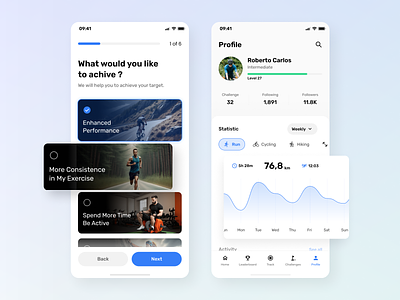 FitGo - Set Goals & Profile Statistic challenge clean design fitness hiking mobile app onboarding profile running sport sport app statistic strava swim tracker tracking ui ui kit ux workout
