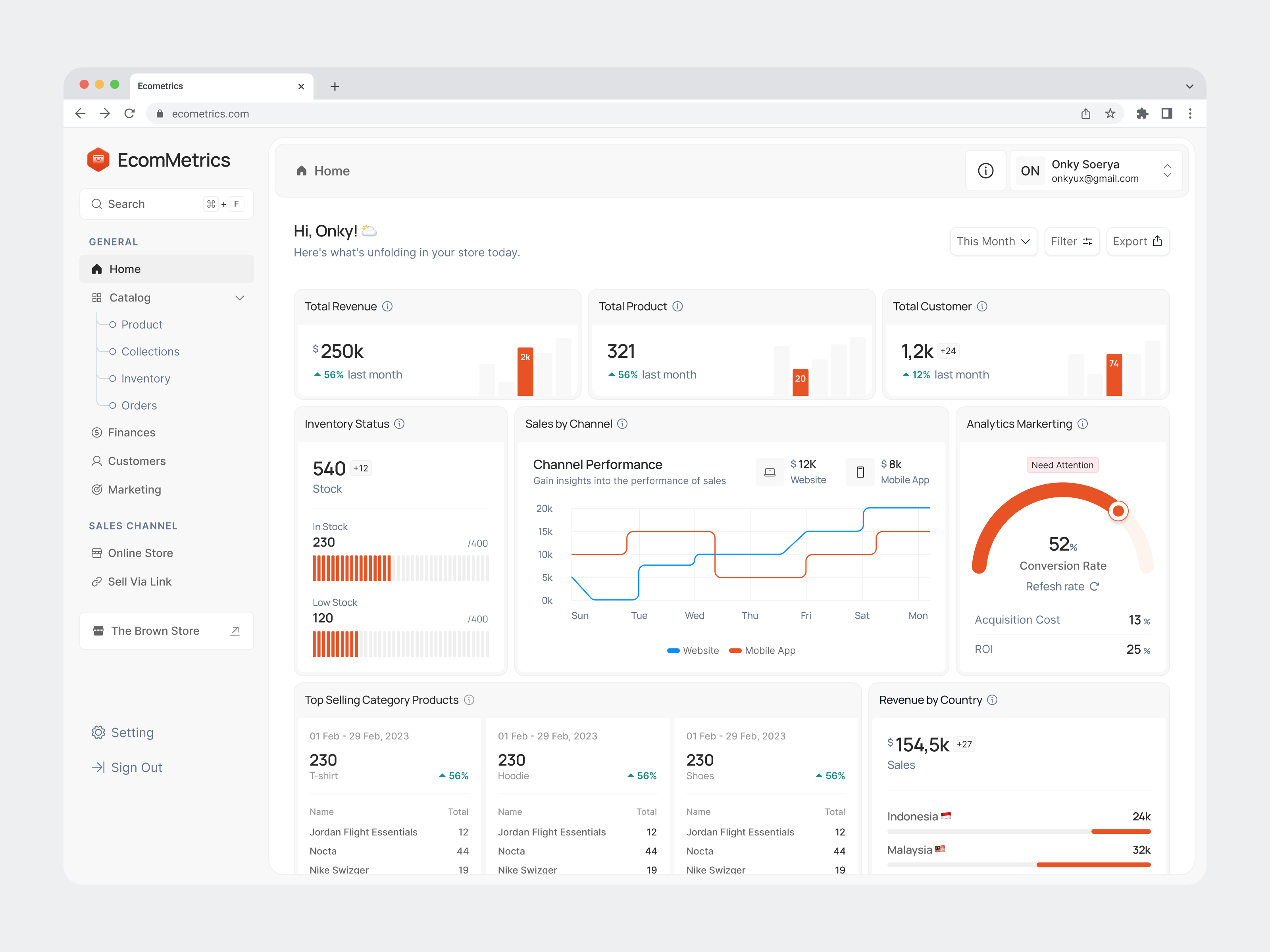 EcomMetrics - Home Page 10am studio chart dashboard app dashboard e commerce e commerce performance product design revenue dashboard saas stack chart web app