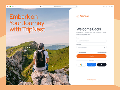 TripNest - Log In Page Exploration accommodation booking hotel design desktop itinerary log in login page sign up travel trip ui uiux upscalix ux website