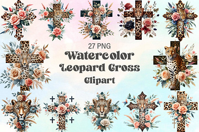 Watercolor Leopard Cross Clipart easter cross