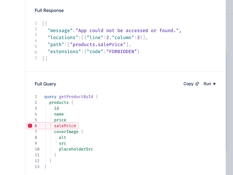 Query View - Error Location Highlight code code editor code view errors figma graphql inline actions minimal product design saas ui web