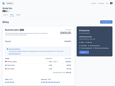 Organization Billing Page - New Pricing Preview billing blue callout dev tool dev tools figma minimal pricing product design saas settings tab nav table tabs ui
