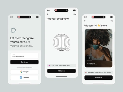 AI Talents Mobile App Onboarding 🚀 ai ai design authentication builder creator feed login mobile app mobile ui onboarding photo profile registration saas startup story upload vector shape