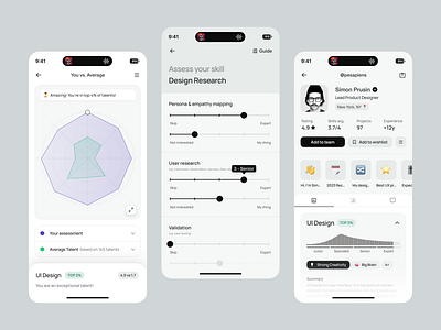 AI Talents Mobile App Data Visualization 🧭 ai ai app ai design app chart comparison diagram ios matchmaking mobile app mobile ui profile saas skill slider startup story