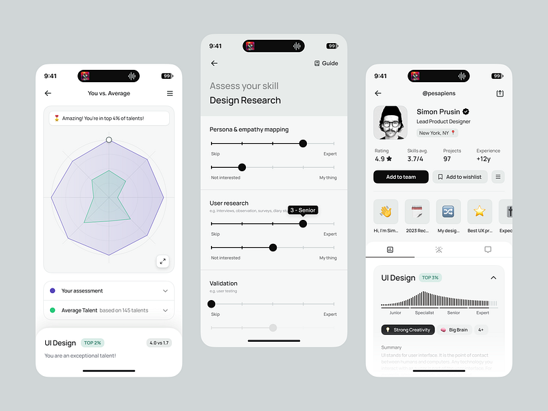 AI Talents Mobile App Data Visualization 🧭 ai ai app ai design app chart comparison diagram ios matchmaking mobile app mobile ui profile saas skill slider startup story