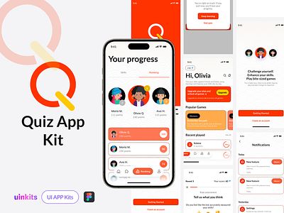 Quiz Mobile App Kit by Uinkits Design System app kit design figma figma design good design light mode minimalist design mobile app quiz app ui ui app kit ui design ui ux