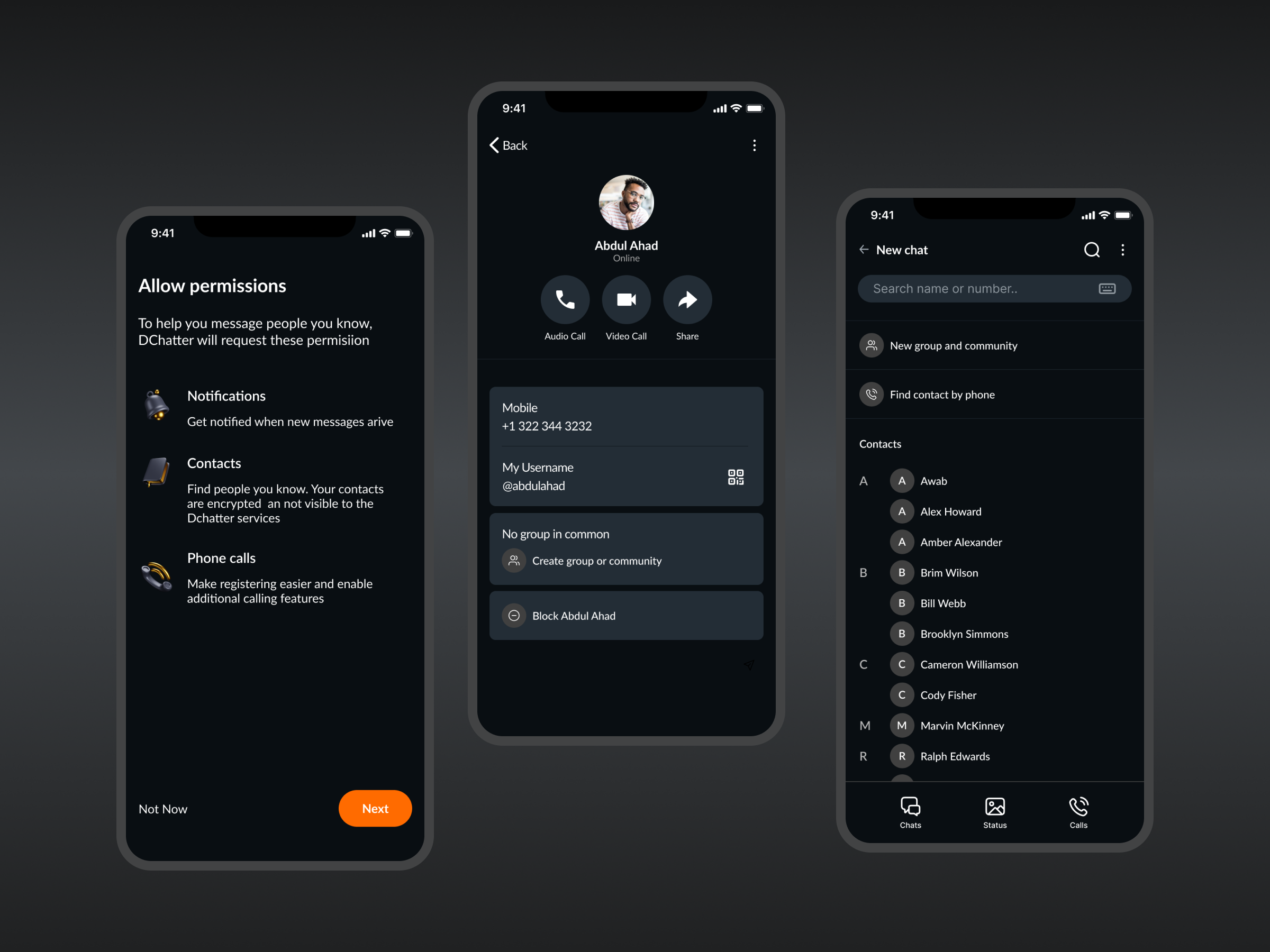 Dchatter a fast and secure web3.0 based messaging app. app black branding communication dark theme design illustration messages messaging mobile ui private safe secure text ui ux
