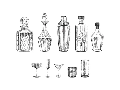 Cocktail set branding bottle branding cocktail design elegant engraving etching glass graphic design hand drawn illustr illustration label linocut pen and ink shaker speakeasy spirits vector engraving woodcut