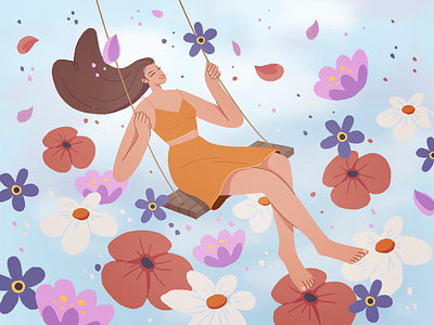 Among Flowers 2d art character characterdesign flat illustration flowers girl happy illustration spring summer swing woman