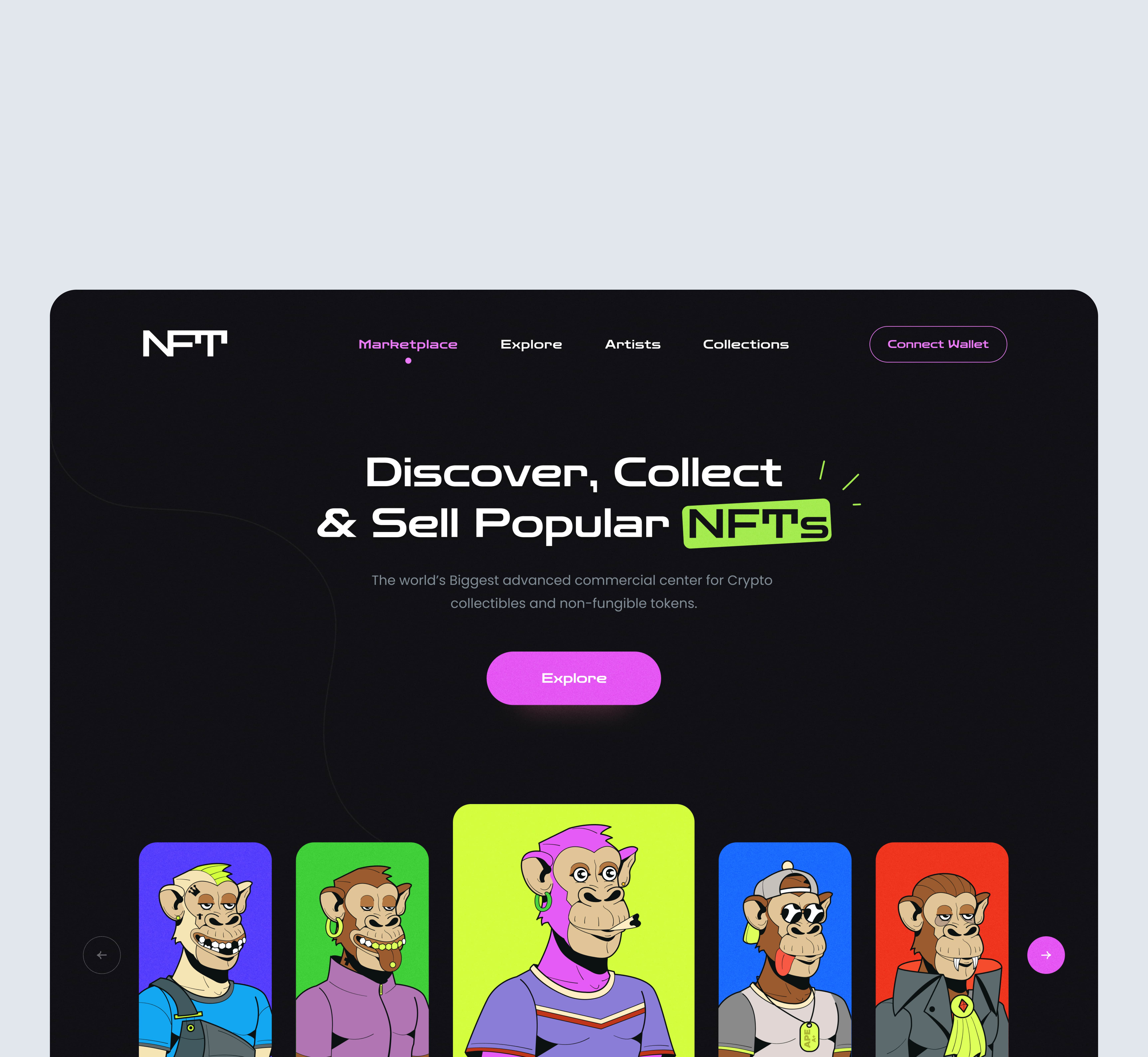 NFT Marketplace Website Design colors monkey neon colors nft nft collection nft marketplace nft monkey nft website ui design ui ux website