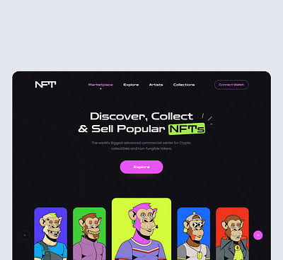 NFT Marketplace Website Design colors monkey neon colors nft nft collection nft marketplace nft monkey nft website ui design ui ux website