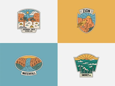 Ranger Station - Badges badge badges branding design geometric graphic design hat illustration line lineart logo minimal monoline mountain national parks outdoor patch ranger station sticker waterfall