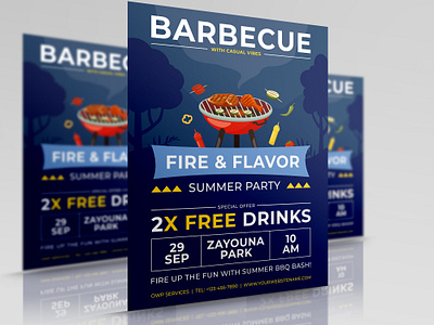 Barbecue Party Flyer Template bbq cookout drink fire food fun grill holiday restaurant steak summer weekend