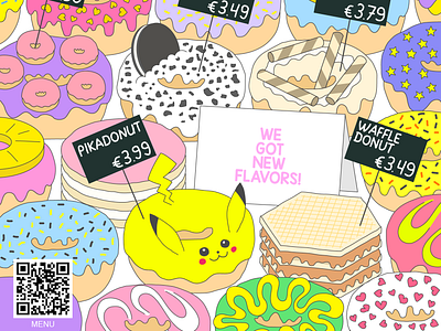 Donut Shop Poster by Satimo Design 2d branding cartoon colorful design donut donut shop donuts draw food food poster fruits illustration illustrator junk food photoshop pikachu poster poster design restaurant