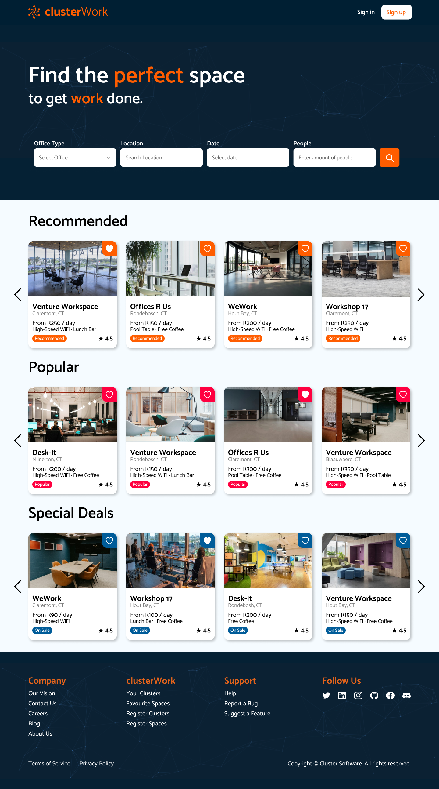 clusterWork airbnb branding card design modal office offices rent searchbar sign in sign up ui uiux user interface ux web design webpage website workspace workspaces