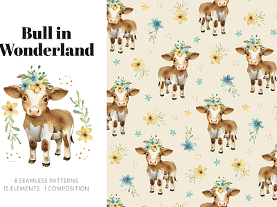 Bull in Wonderland. Watercolor patterns and clipart baby baby textile bull clipart collection design digitalillustration digitalpattern fabricpattern illustration midjourney pattern pattern idea repeatpattern textile watercolor
