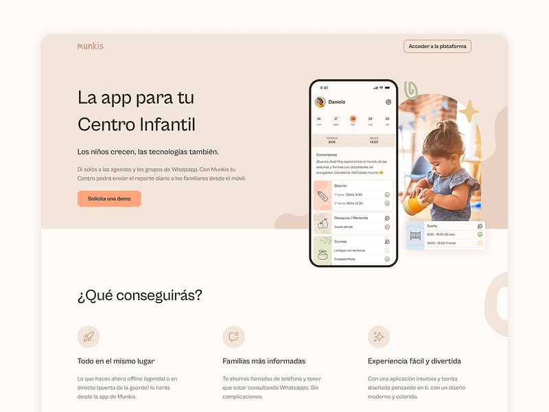 Munkis — Childcare Mobile App Landing app app development baby caregivers childcare daycare family kids landing landing page management software mobile parents relatives ui ui design uiux web webflow z1