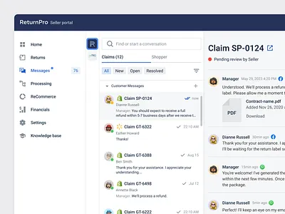 Returns Platform – Messaging chat dashboard messaging return saas seller shopper ui