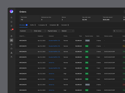 Orders view - eCommerce platform add order customer dark mode filter items listing manage columns order status orders payments products side naviagtion statistics table
