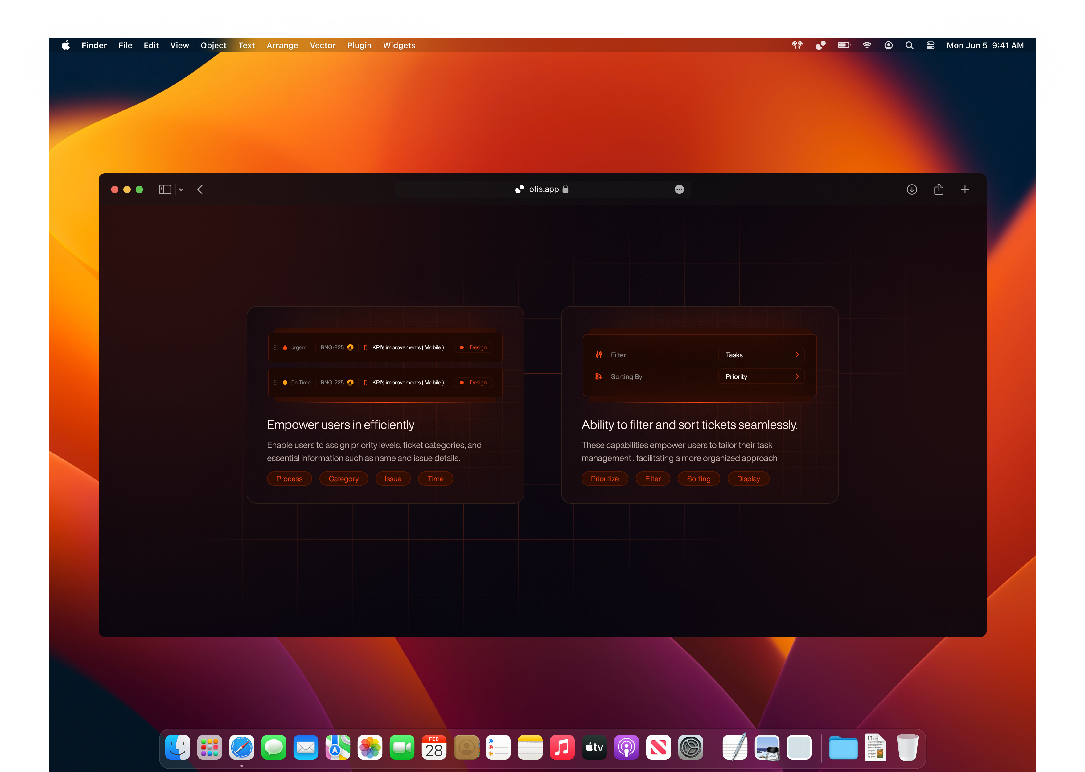 Otis.app - Card Section card cards section dark orange dark web design dashboard grid landing page orange orange web design time management tool web application widget
