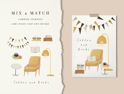 Coffee and books card design armchair book book lover book nook books branding card card creator card design cartoon coffee cozy creative market cute design elements illustration interior reading yellow