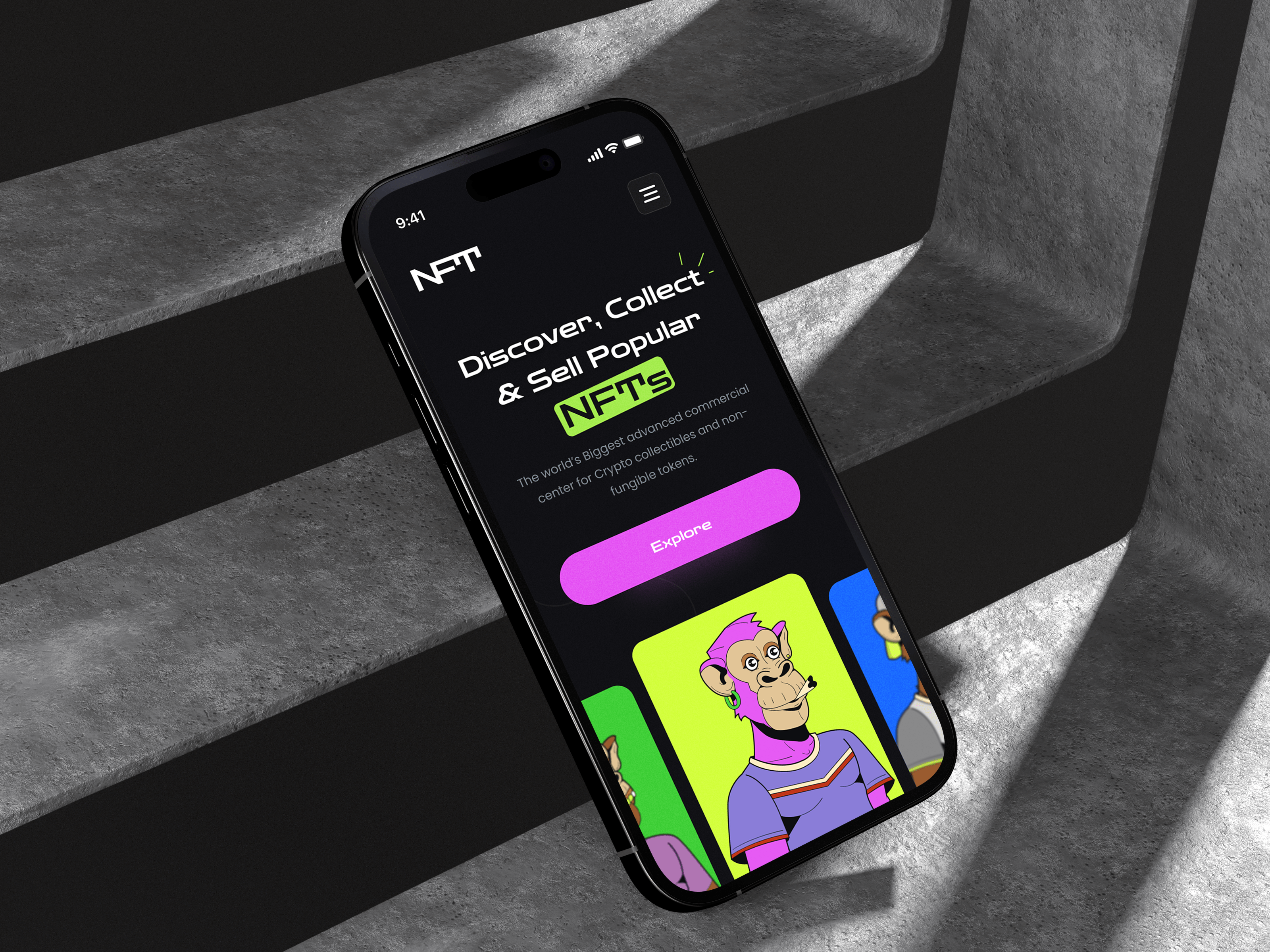NFT Marketplace Mobile Design colors marketplace mobile neon color nft nft collection nft marketplace nft monkey noice responsive ui ui design ux