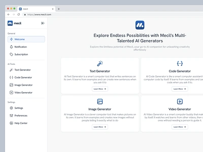 mecil - AI Generator Dashboard ai artificial intelligence artificialintelligence assistant chat ai chat generator chatbot chatting dashboard deep learning machine learning product design prompt