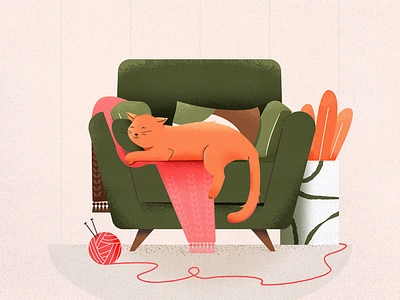 Just a Cat on a Couch adobe illustrator adobe photohop arm chair canvas cat couch cozy cute design illustration illustrator plant sofa texture vector illustration