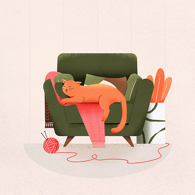 Just a Cat on a Couch adobe illustrator adobe photohop arm chair canvas cat couch cozy cute design illustration illustrator plant sofa texture vector illustration