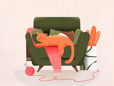 Just a Cat on a Couch adobe illustrator adobe photohop arm chair canvas cat couch cozy cute design illustration illustrator plant sofa texture vector illustration